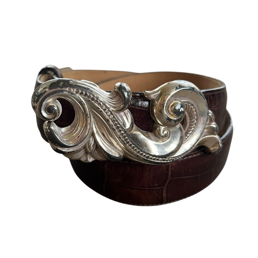 Vintage 90s Brighton Brown Leather Belt with Ornate Silver Buckle Size Medium